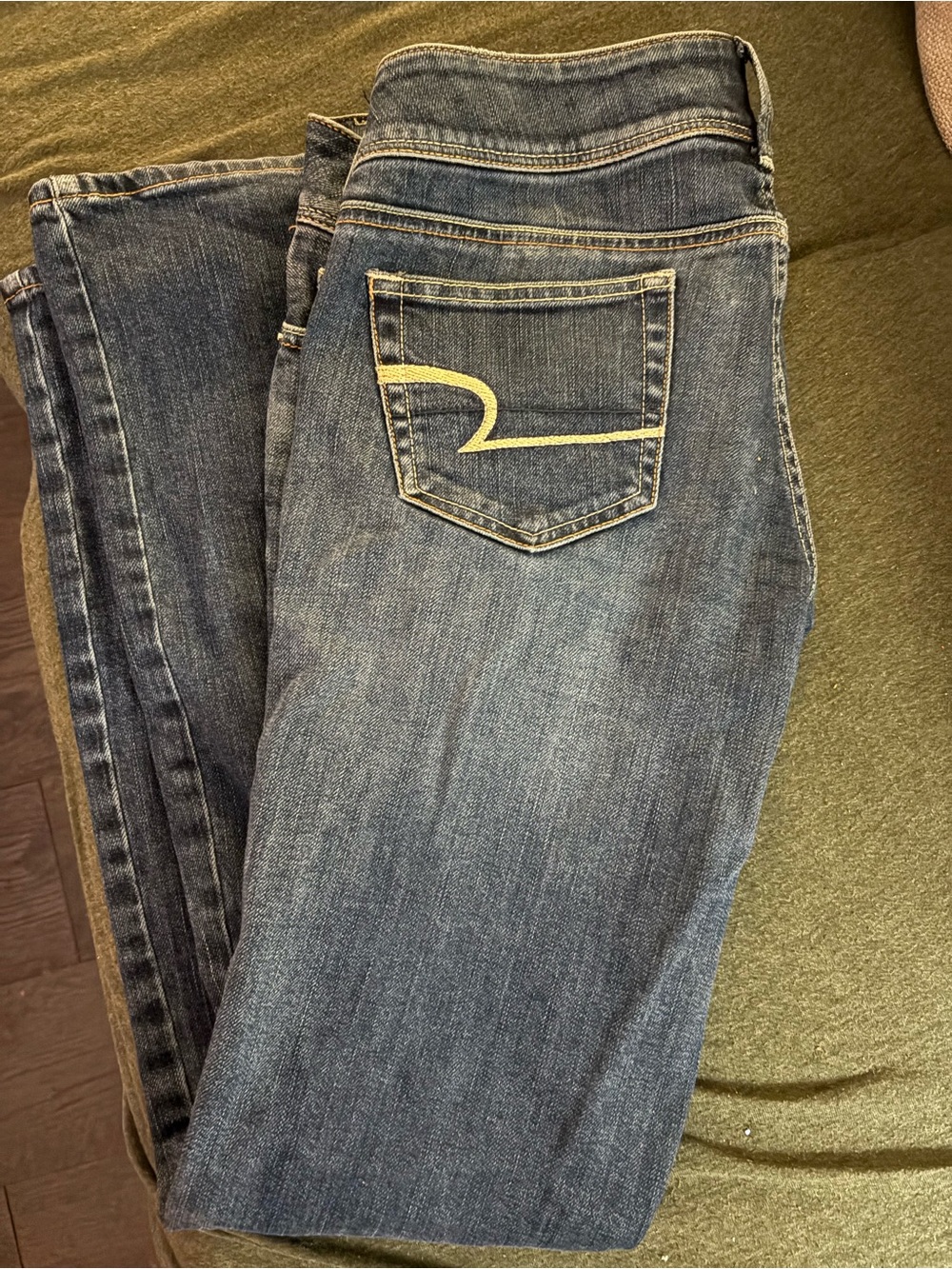 American Eagle Outfitters Straight-Leg Blue Jeans with Yellow Pocket Detail